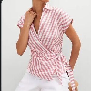 Ann Taylor Red and White Striped Wrap side tie Blouse